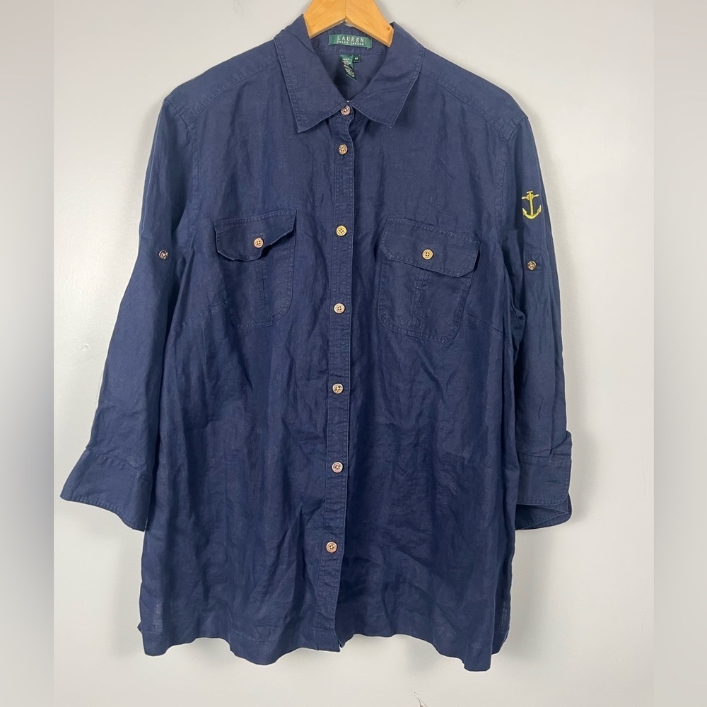Lauren Ralph Linen Shirt Navy Blue Gold Button Down Anchor Nautical Womens 2X